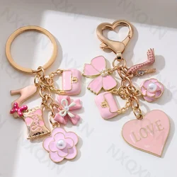 Pretty Pink Heart Flower Bow Knot Bag Enamel Keychain Cute Fashion Key Ring For Women Girls Handmade Birthday Gift Jewelry