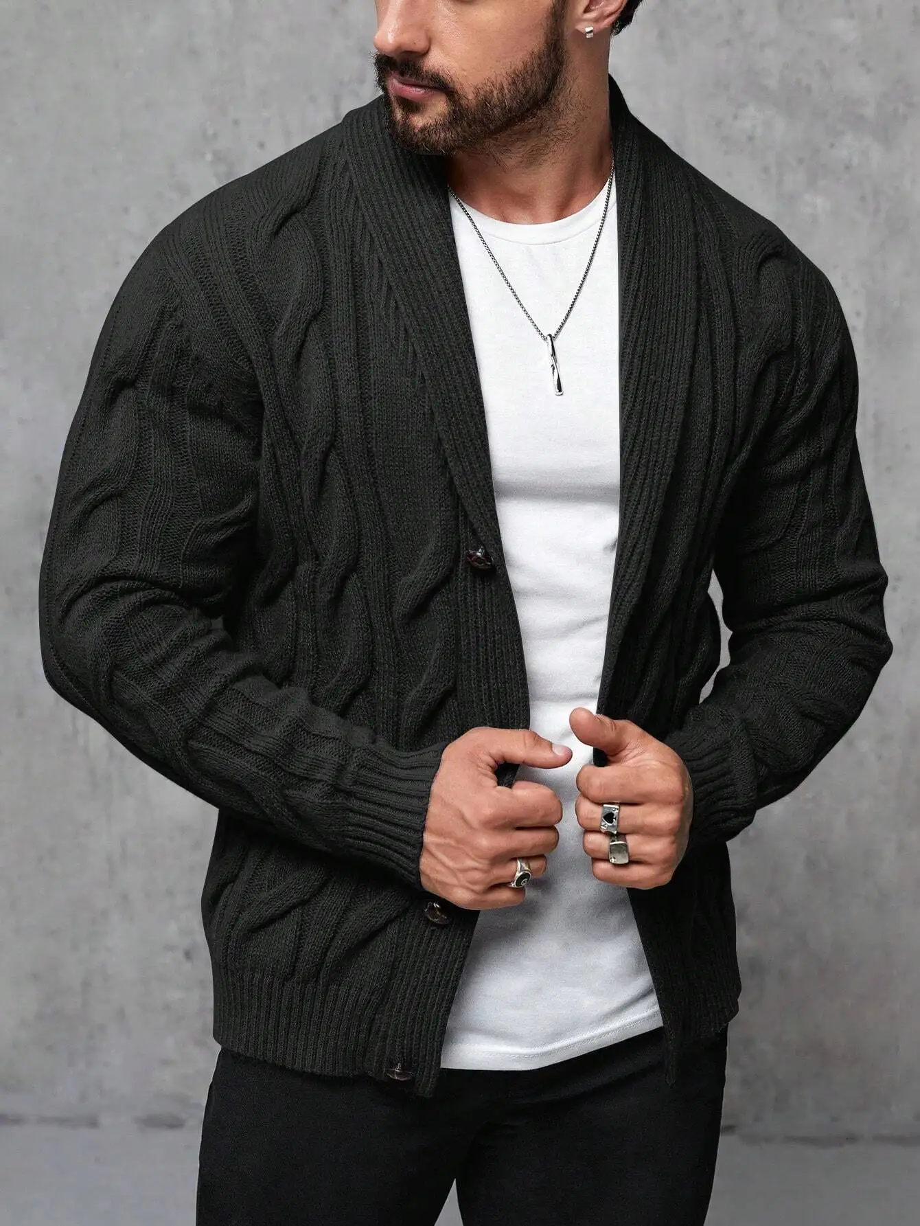 

Мужской кардиган с воротником-шалькой и узором кабельной вязки - длинный рукав, повседневная одежда для осени и зимы