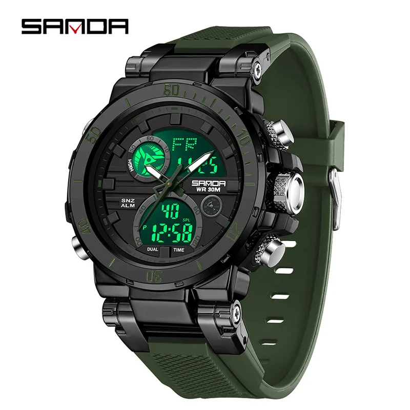 

SANDA 6175 спортивные мужские часы с двойным механизмом, кварцевые часы, секундомер, светящийся календарь, будильник, водонепроницаемые студенческие часы для мужчин
