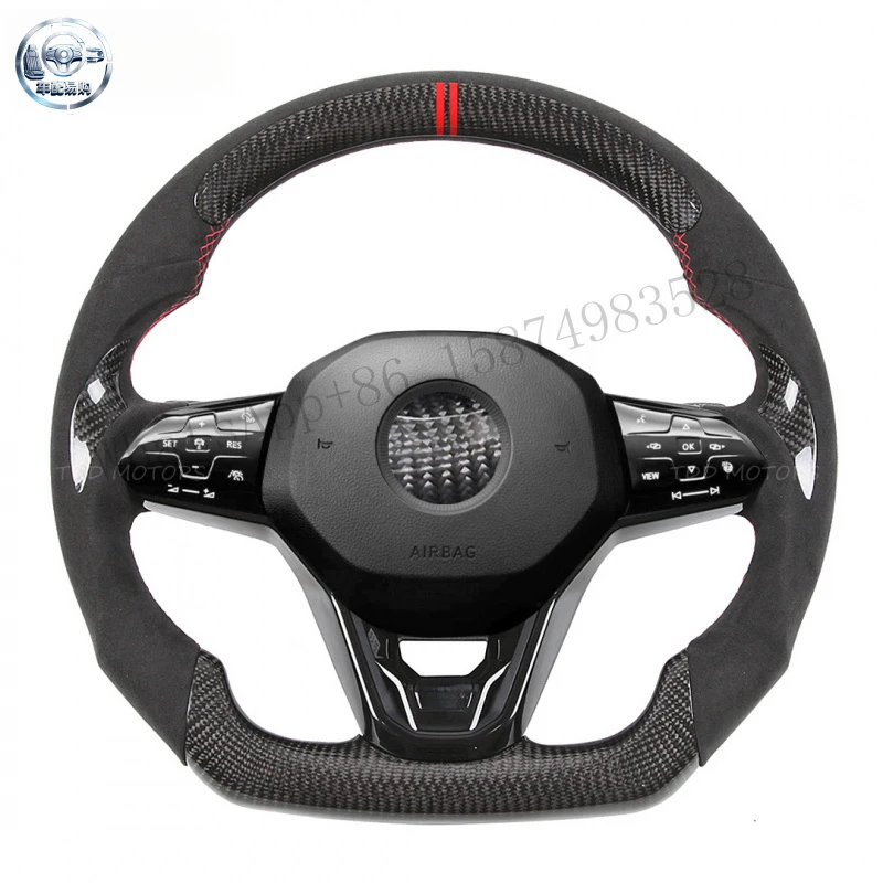 Carbon fiber LED steering wheel suitable for MK8, with genuine leather and suede grips, customizable