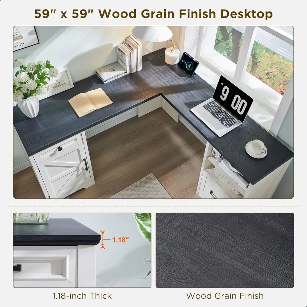 مكتب منزلي، مكتب كمبيوتر حديث للمزرعة، حرف مع خزانة ملفات، مكتب دراسة، 59 بوصة