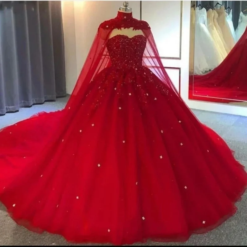 Red Glitter Quinceanera Dresses Ball Gown 2025 Beads Crystal with Cape Long Brithday Dance Party Vestidos De Quinceañera