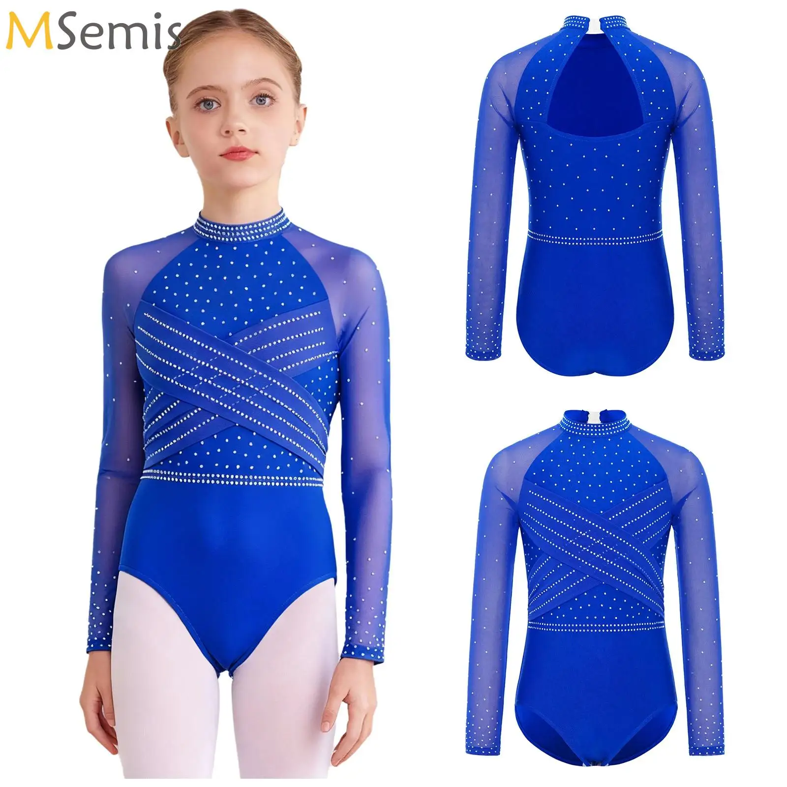 

Kids Girls Leotard Ballet Performance Tank Unitard Long Sleeves Cutout Gymnastics Workout Bodysuit for Figure Skating Costumes