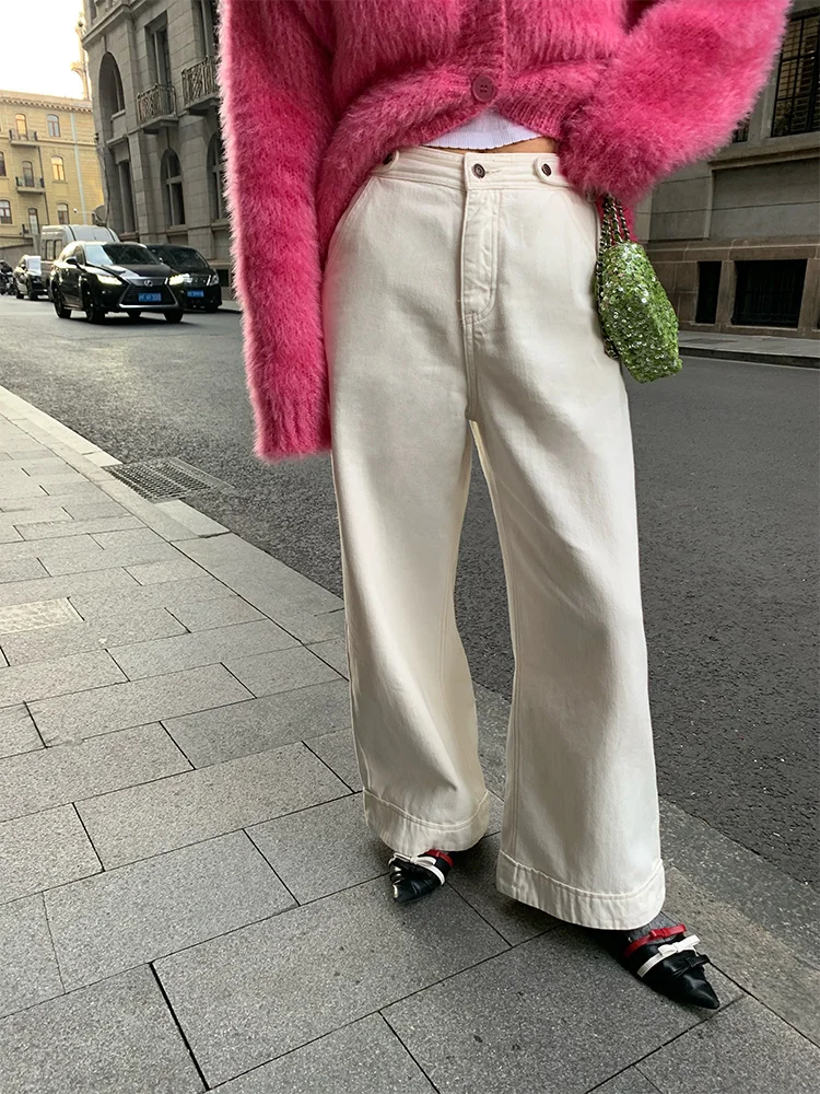 

Fce Lined High Waist Wide Leg Denim Jeans Women's Autumn Winter White Thiened Jeans Trousers Wear Resistant Long Pants
