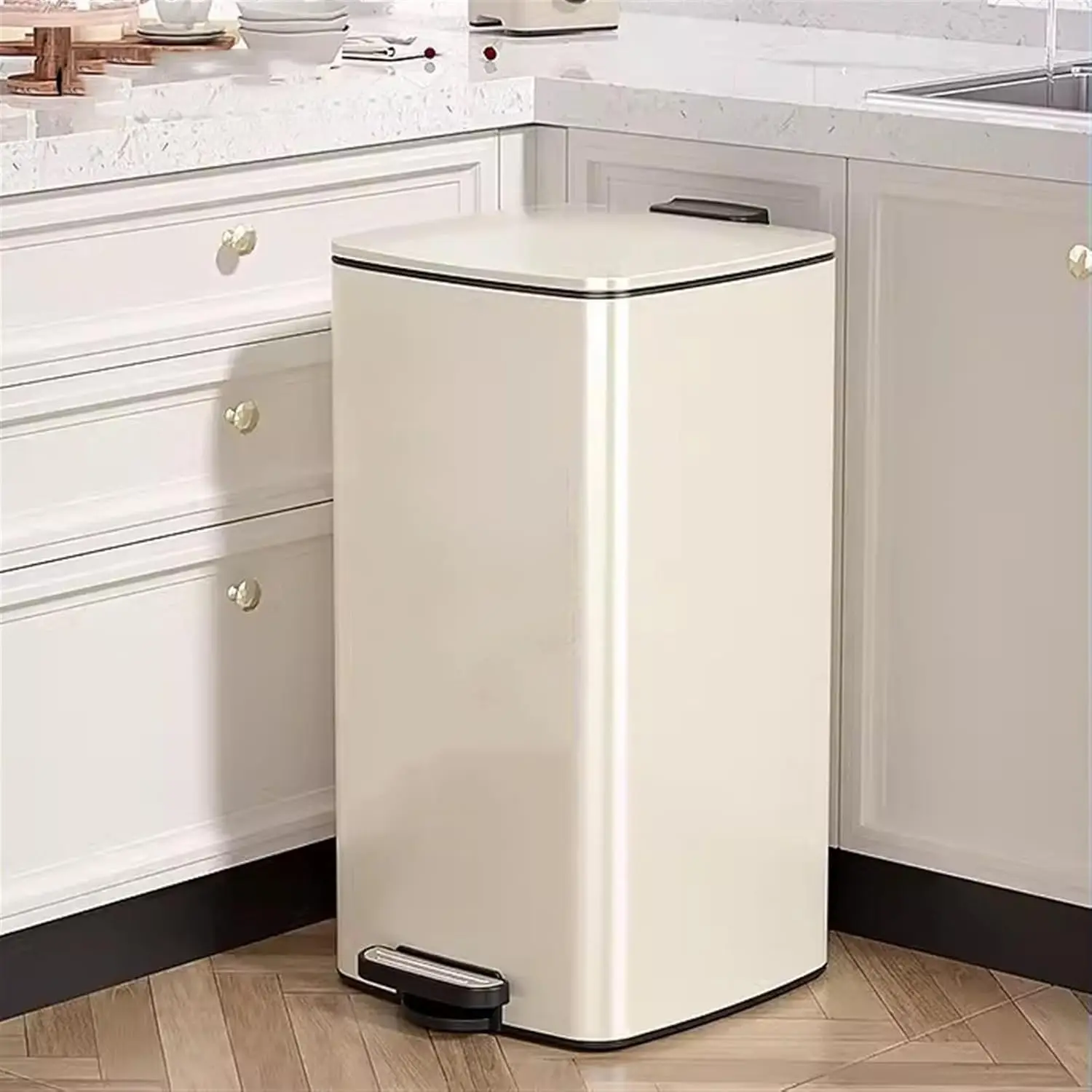 Waste Bin  Brushed Stainless Steel Trash Can Hands-Free Square Pedal Recycle Bin + Lid & Inner Buckets, Step Garbage Can