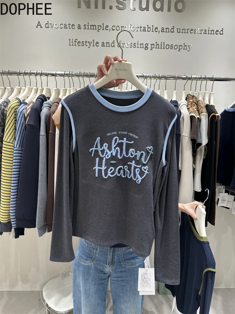 

Autumn Winter Sanding Long Sleeve T-shirt 2025 Embroidery Letters Slim Basic Top All-match Women Cotton Round Neck Pullovers