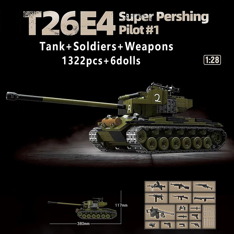 

100304 Масштабная модель американского танка M26 Pershing I (экспериментальная версия) 1:28, конструктор для мальчиков, 1322 детали