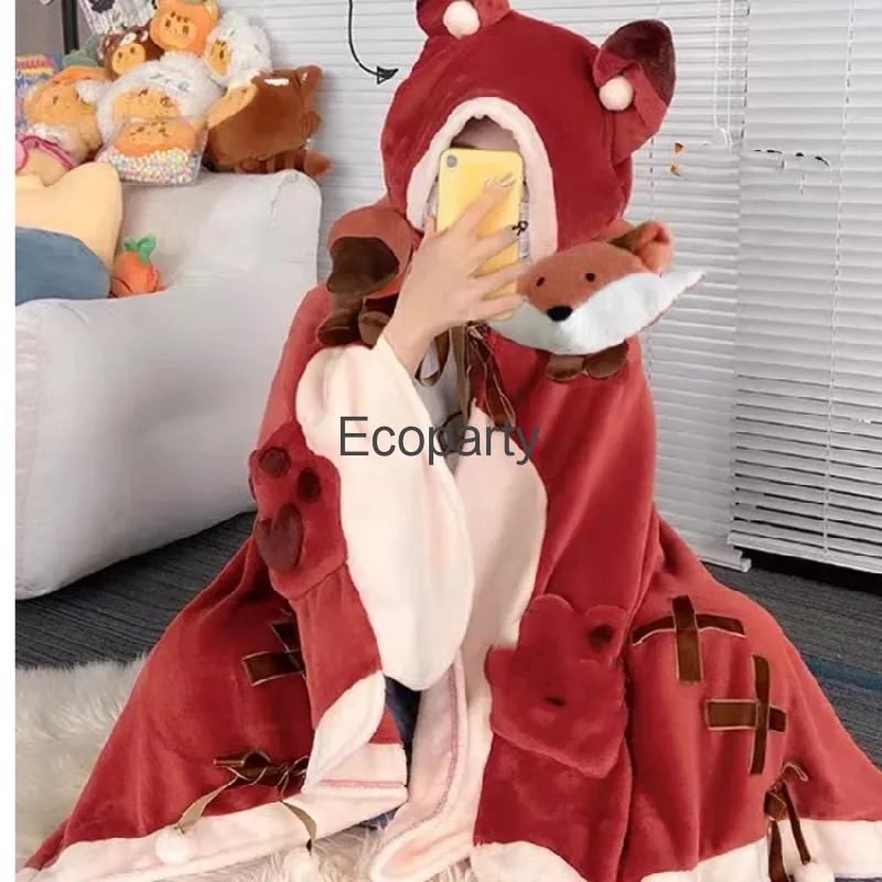 New Kawaii Cartoon Blanket Anime Cloak For Women Men Lovely Bat Shark Fox Cosplay Costume Autumn Winter Ponchos Hooded Cape