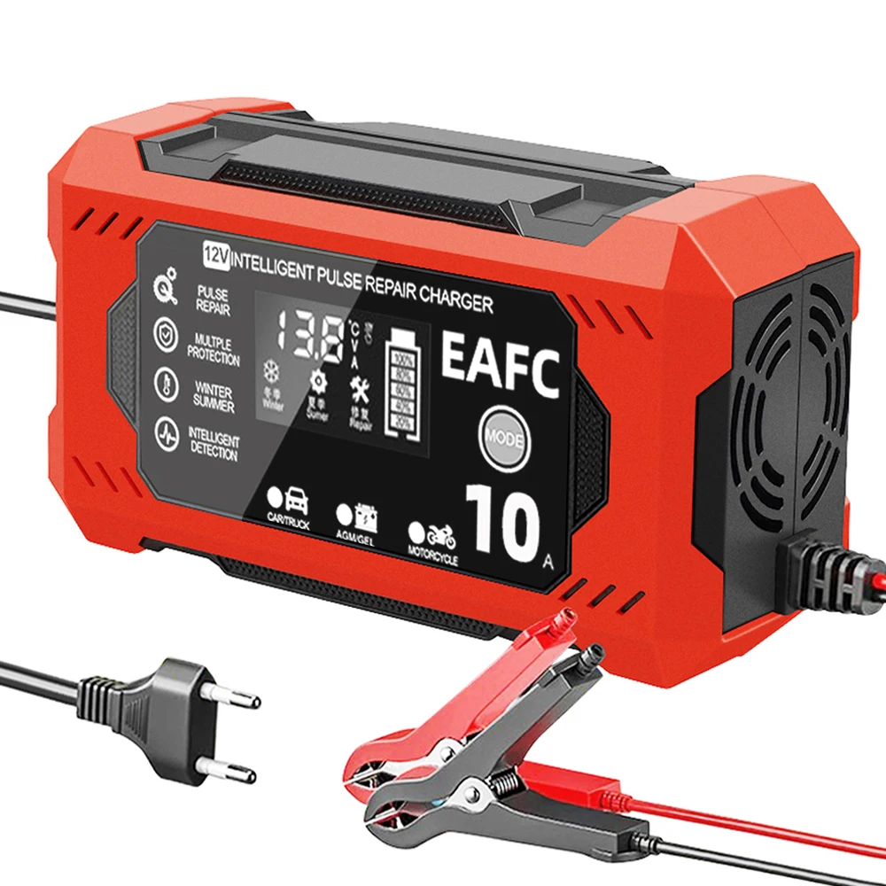 12V 6A/10A Auto- und Motorrad-Batterieladegerät – Intelligentes LCD-Display, Blei-Säure-Reparatur, Wartungsmodus, automatische Abschaltung, Schnellladung