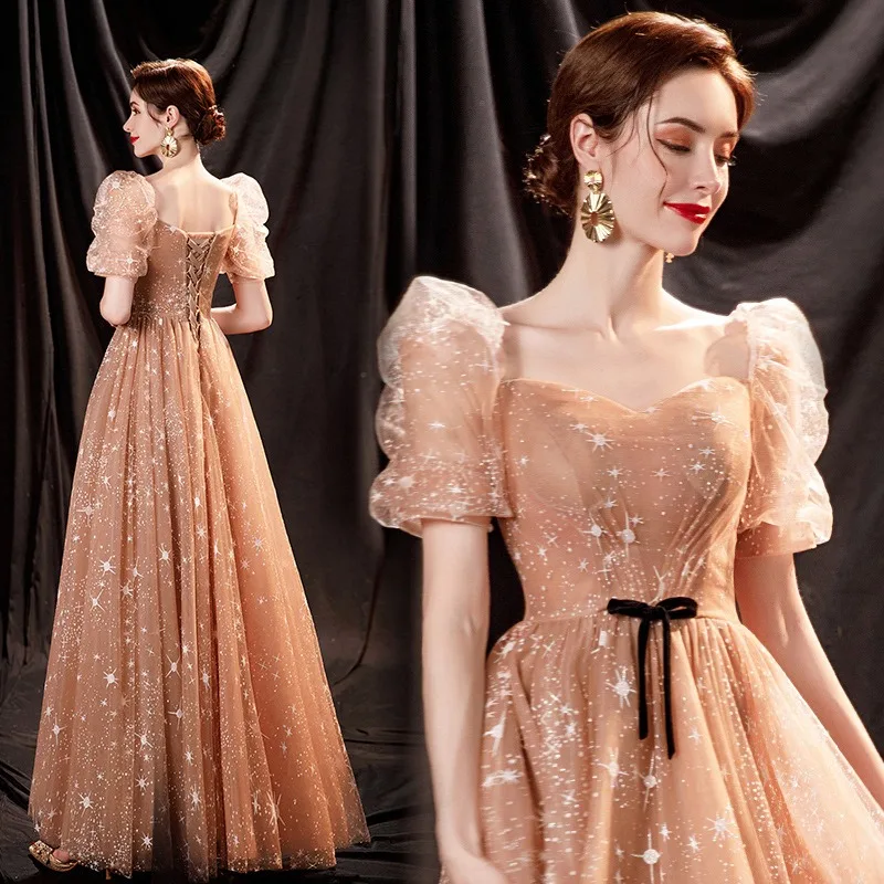 

2026 Women's New Banquet Gold Bubble Sleeve Bridal Wedding Evening Dress Fashionable Slimming Annual Meeting Popular Long Dress