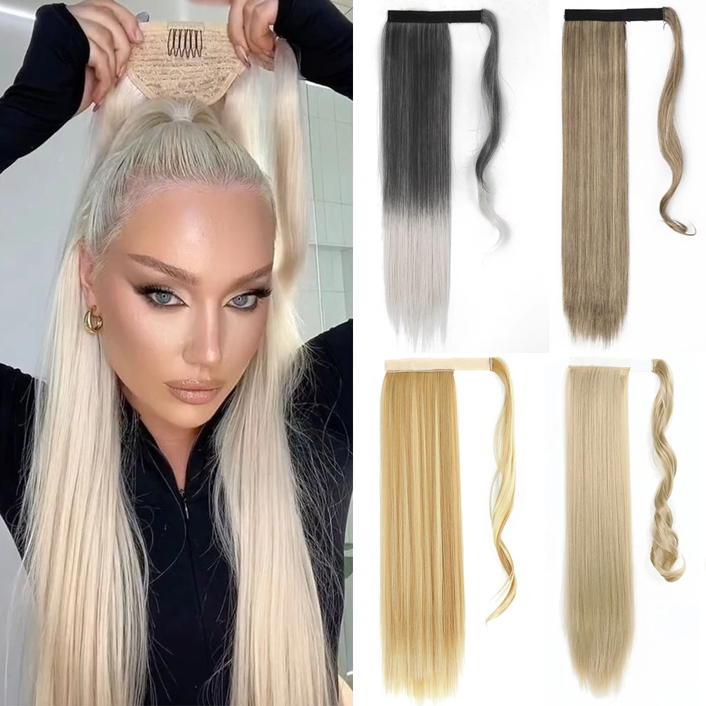 

Synthetic 22 34" Long Straight Wrap Around Ponytail Clip In Hair Extension Blonde Brown Heat Resistant Pony Hairpiece For Women