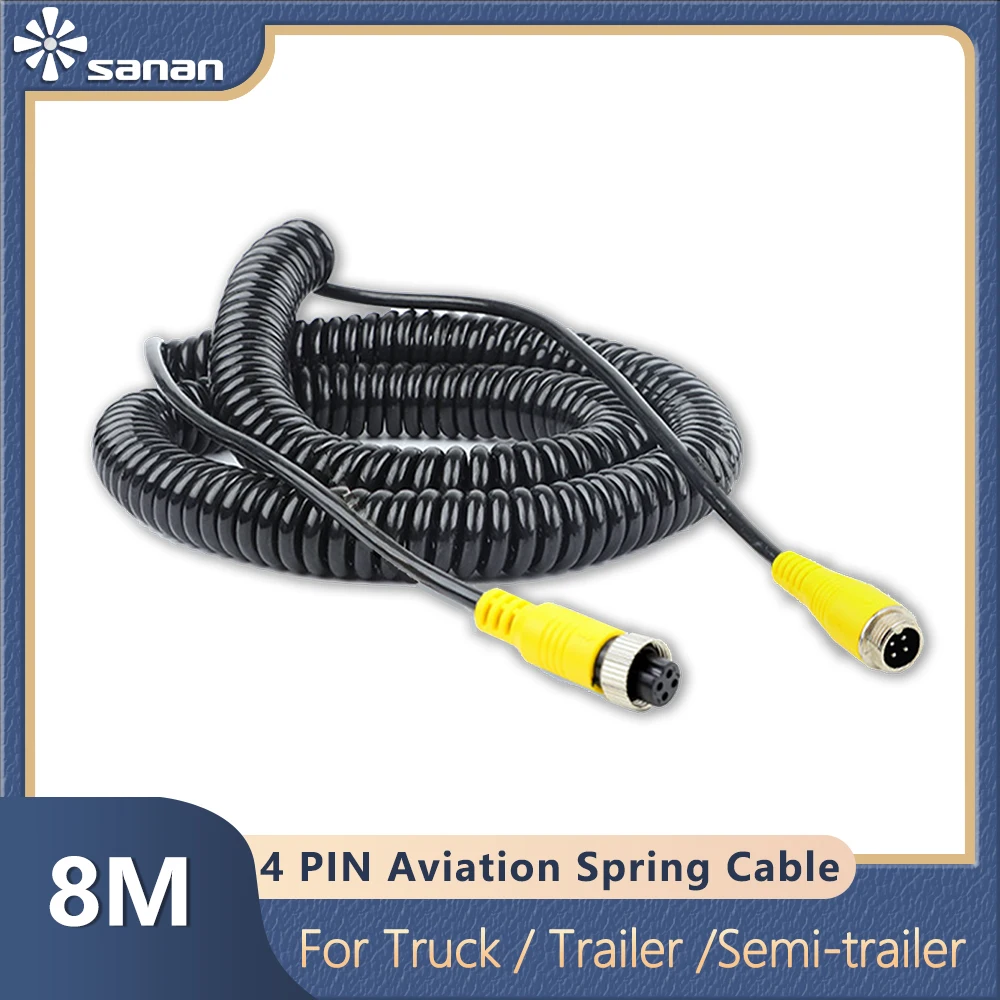 8M 4 PIN Aviation Connector Cable Spiral Spring Extension Cable Video and Audio Cable for Vehicle CCTV Camera and Car Monitor