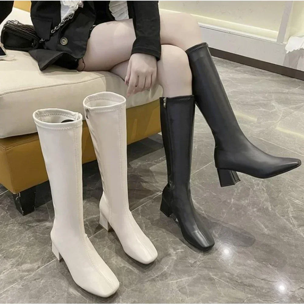 Women Knee High Boots Female Leather Knight Boots Booties Lady High Heels White Autumn Shoes Women