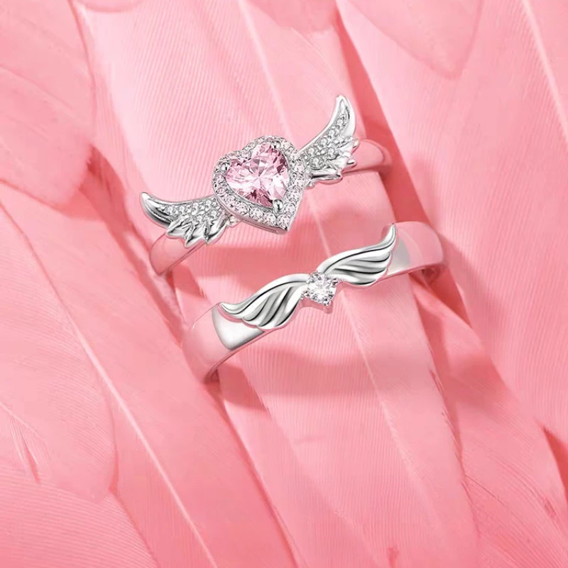 YILUOCD 2Pcs Pink Heart Zircon Rings for Couple Gold Plated Angel Wing Ring Eternity Forever Love Fine Jewelry Wedding Gift