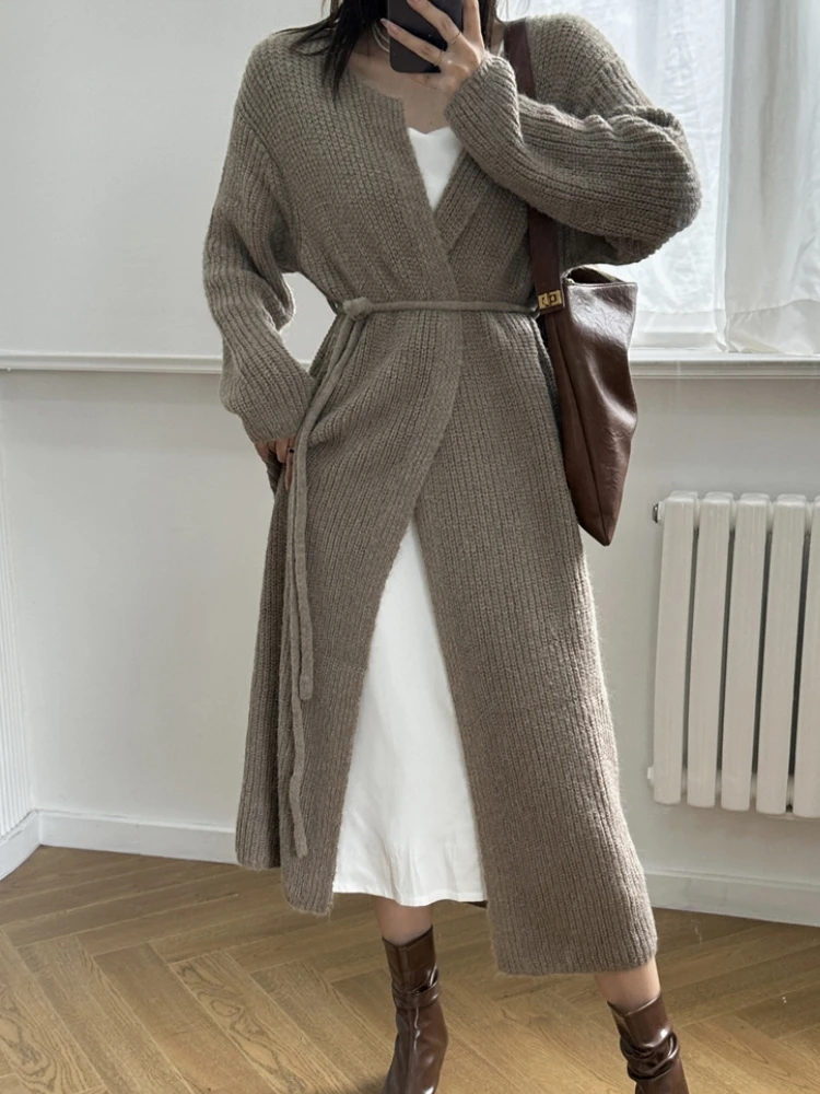 Lace Up Sweater Cardigan Women Thick Autumn Winter Coat 2023 England Style Vintage Knitted Long Cardigan femme Oversize Sweaters