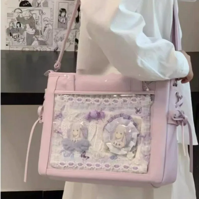 

JIAERDI Harajuku милая сумка-тоут с бантом женская квадратная большая вместительная прозрачная сумка на плечо женская повседневная сумка аниме Ita 2025