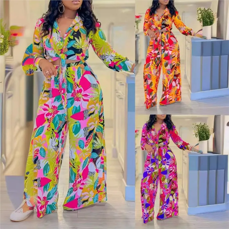 2025 Spring Summer New Long Sleeved Printed Suit For Women Fashion Lapel Single Breasted Shirt Wide Leg Trousers Two Piece Set