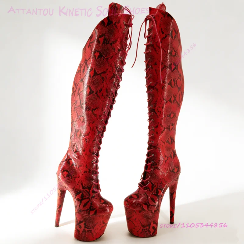 

Black Red Snakeskin Graffiti Print Boots Women 20cm 8 Inch Knee High Lace Up Platform Stiletto Heels Zippered Pole Dancing Shoes
