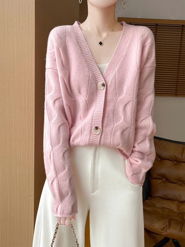 100% 메리노 울 여성용 브이넥 가디건 가을 겨울 보온성 높은 품질 긴 소매 루즈 캐주얼 우아한 버튼 스웨터