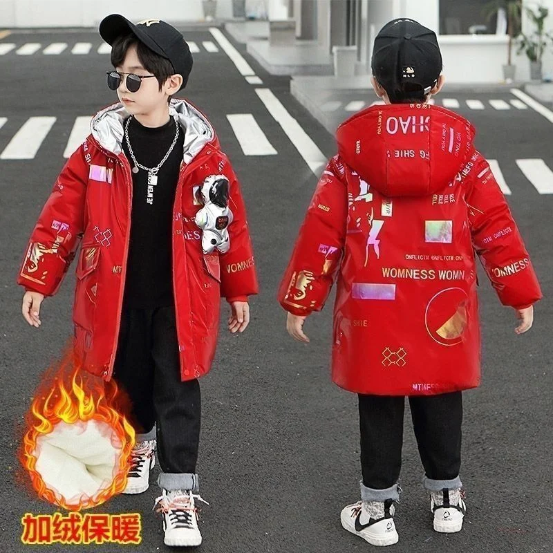 Boys Padded Long Jackets -30℃ Winter Kids Print Mid-Length Warm Coat Cold Protection Hooded Cotton Parka Outerwear 5-12 Years