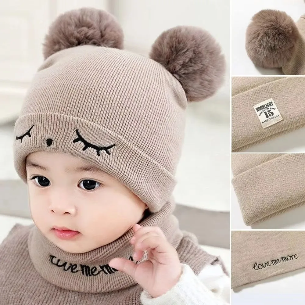 Cute Cotton Wool Knitted Bonnet Pompom Beanie Winter Hat Solid Color 2-piece Set Baby Hat