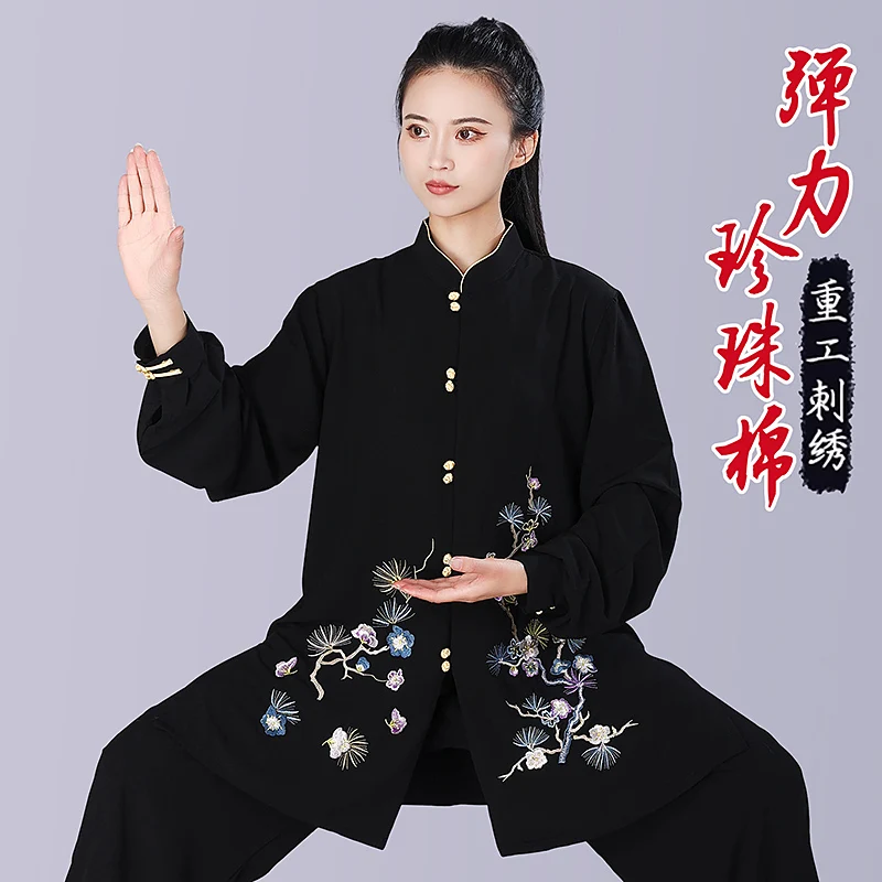 Embroidered Stretch Pearl Cotton Tai Chi Suit for Women – Mid-Length New Chinese Style Performance & Morning Practice Uniform