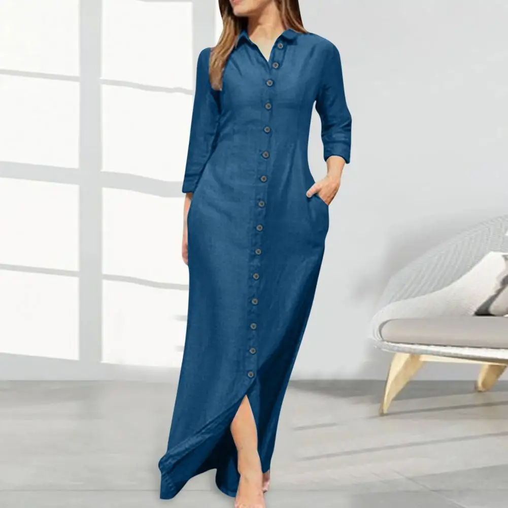 

Relaxed Fit Dress Elegant V Neck Maxi Dress with Side Pockets Split Hem Breathable Ankle Length Summer Dress for Women Lapel