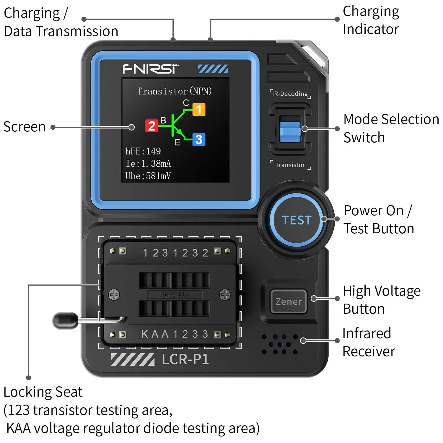 FNIRSI LCR-P1 Transistor Tester, Mosfet Transistor Capacitor Tester, SMD Electronic Component Tester, Diode Triode Zener Diode
