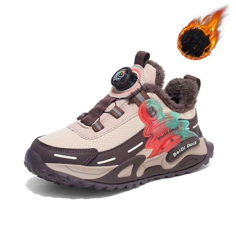 

Kids Winter Warm Sneakers Boys Girls Fleece Lined Sport Shoes with Rotary Buckle Colorful Design Platform Children Leather Shoes
