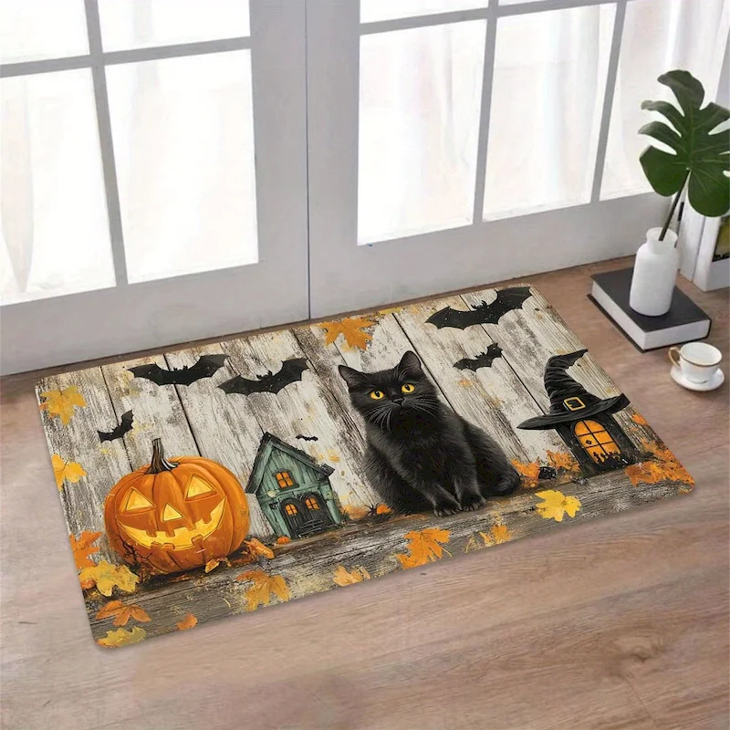 VIKAMA Halloween Black Cat Door Mat Entrance Non Slip Floor Mat Pumpkin Bat Wooden Board Printed Carpet Home Decoration