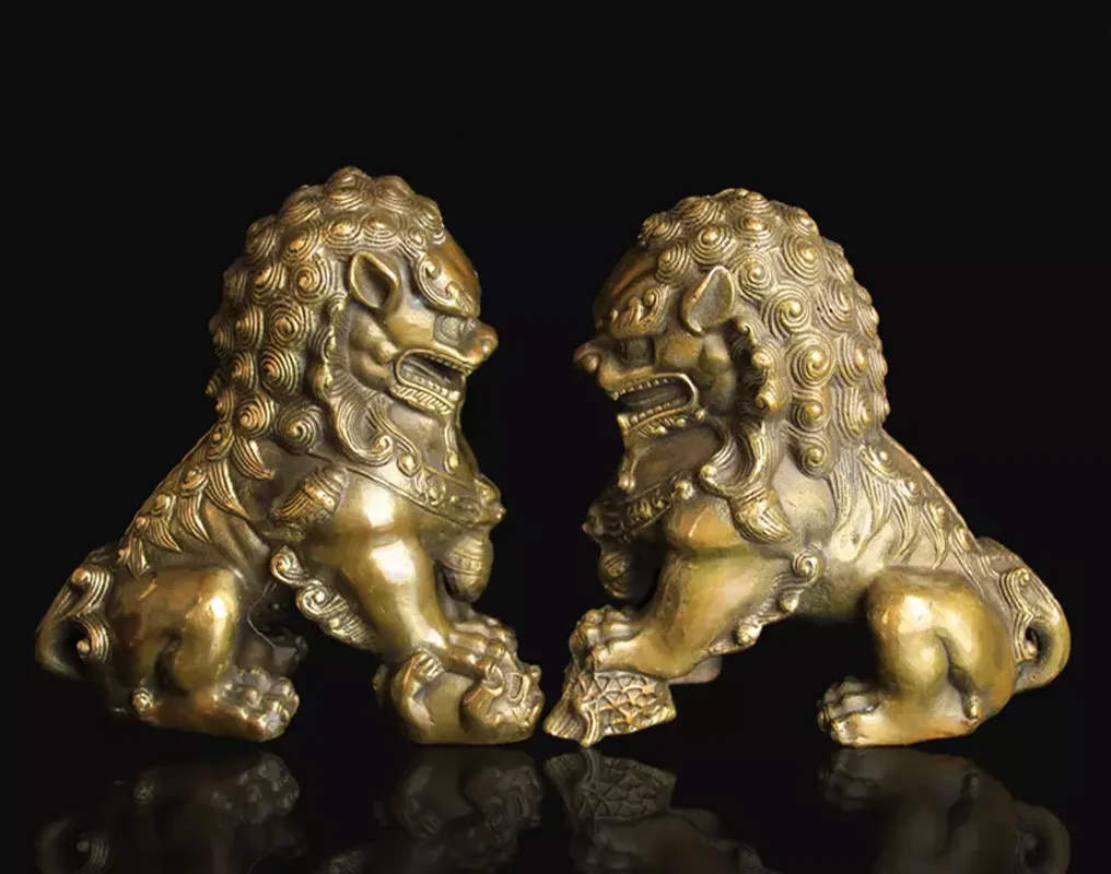 العتيقة البرونزية الباب فنغشوي الحرس فو فو الكلاب الأسد تمثال الأسود زوج #3