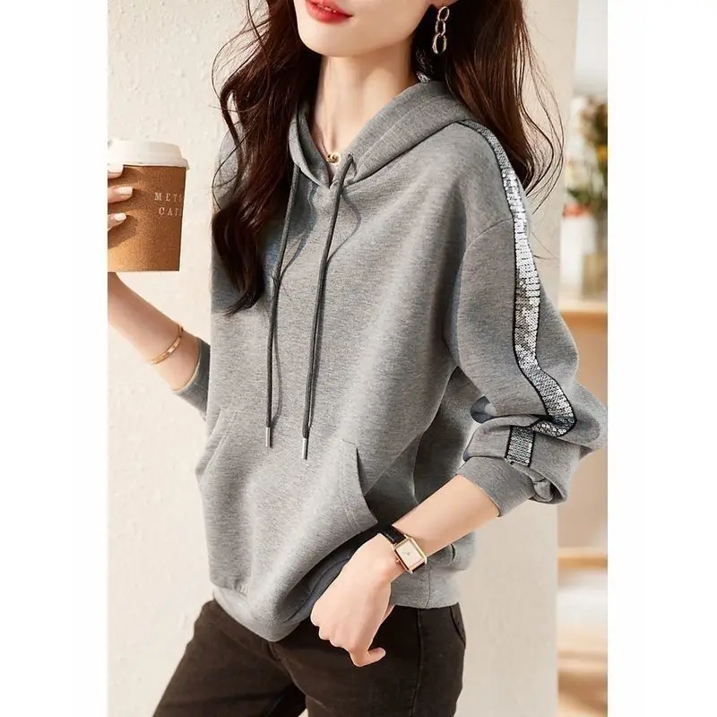 

Spring Autumn New Fashion Solid Long Sleeve Hoodies Sweatshirts Women's Clothing Loose Sequined Simplicity Korean All-match Tops