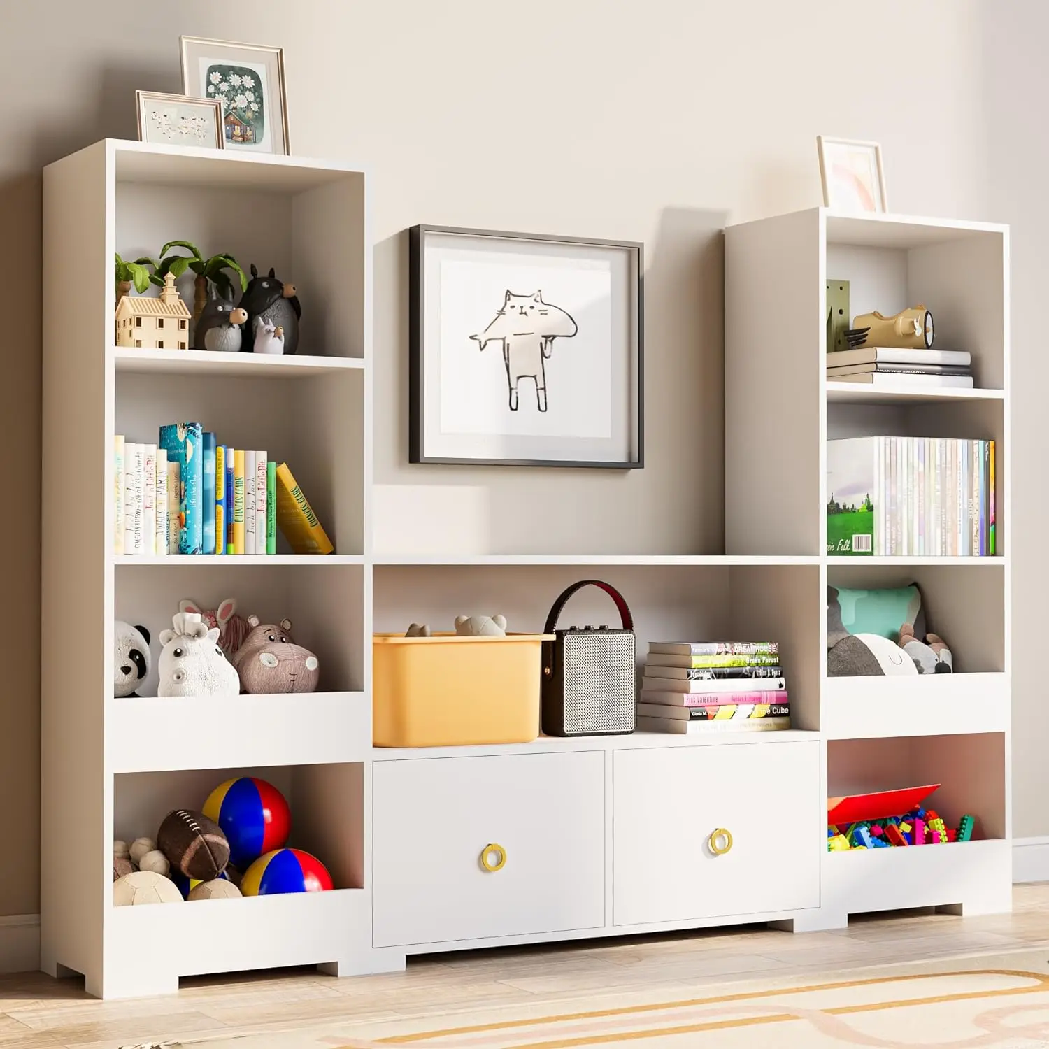 4 Tier Combination Bookshelf, U-Shaped Bookcase with 9 Cubes and 2 Drawers, Modern Cube Storage Shelf for Living Room