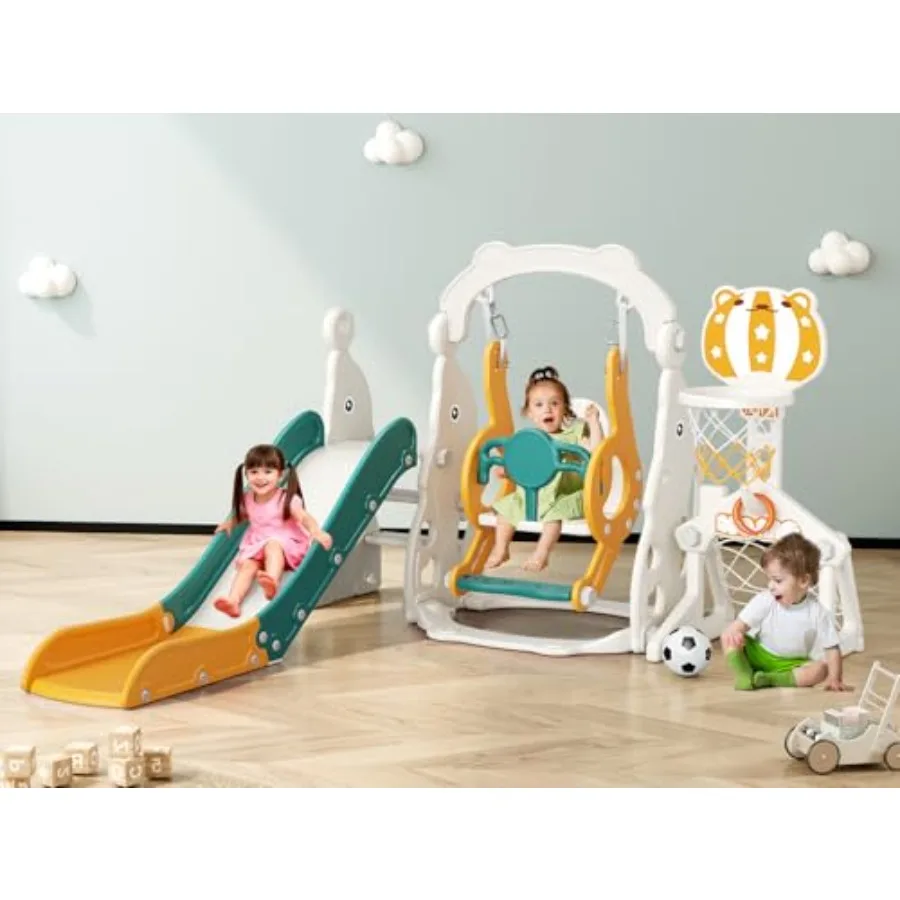 Juego para niños pequeños 6 en 1 con lanzamiento de anillos de fútbol con columpio deslizante para niños de 1 a 3 años, patio de juegos interior y exterior, amarillo