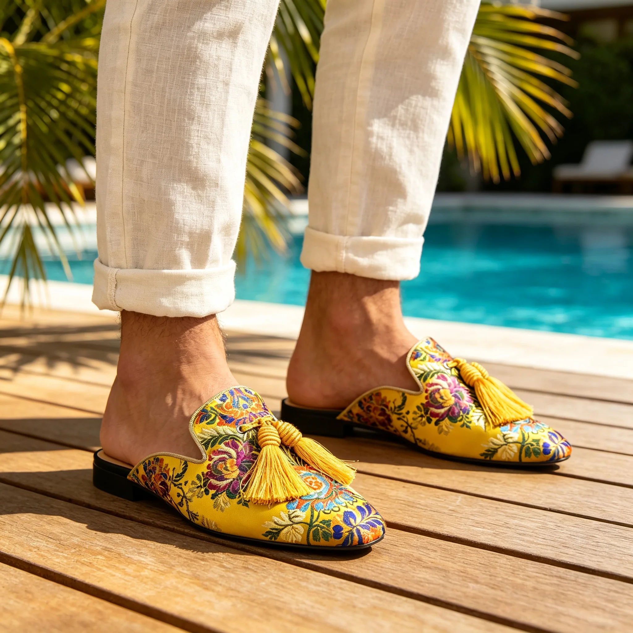 Mens Luxury Jacquard Mules Slippers Gold Floral Embroidered Tassel Pointed Toe Backless Loafers Casual Party Flat Shoes