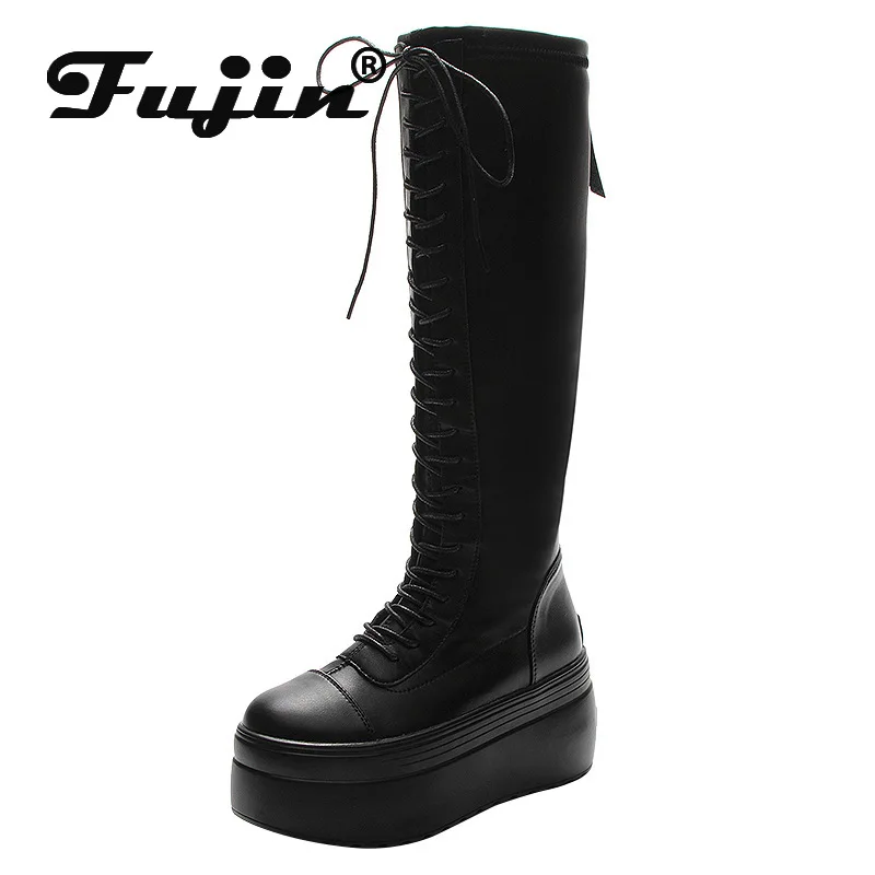 Fujin 8cm New Retro Genuine Leather Synthetic Platform Wedge British Knee High Boots ZIP Winter Women Ladies Non Slippery Shoes