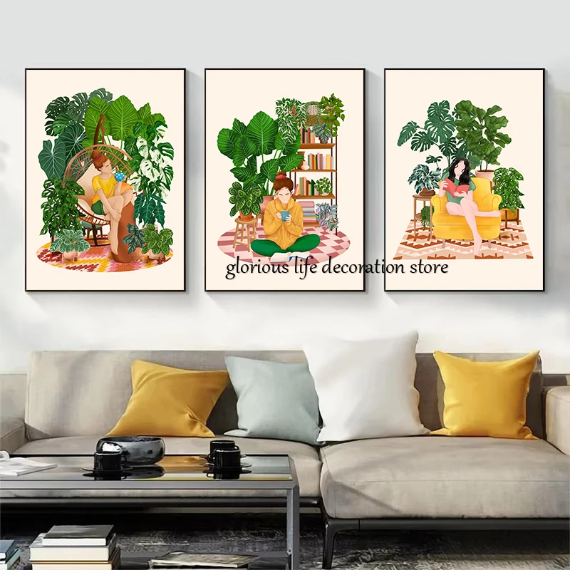 Boho Girls with Plants Poster and Print Canvas Painting Potted Botanical Palm Leaves Wall Art Picture for Living Room Home Decor