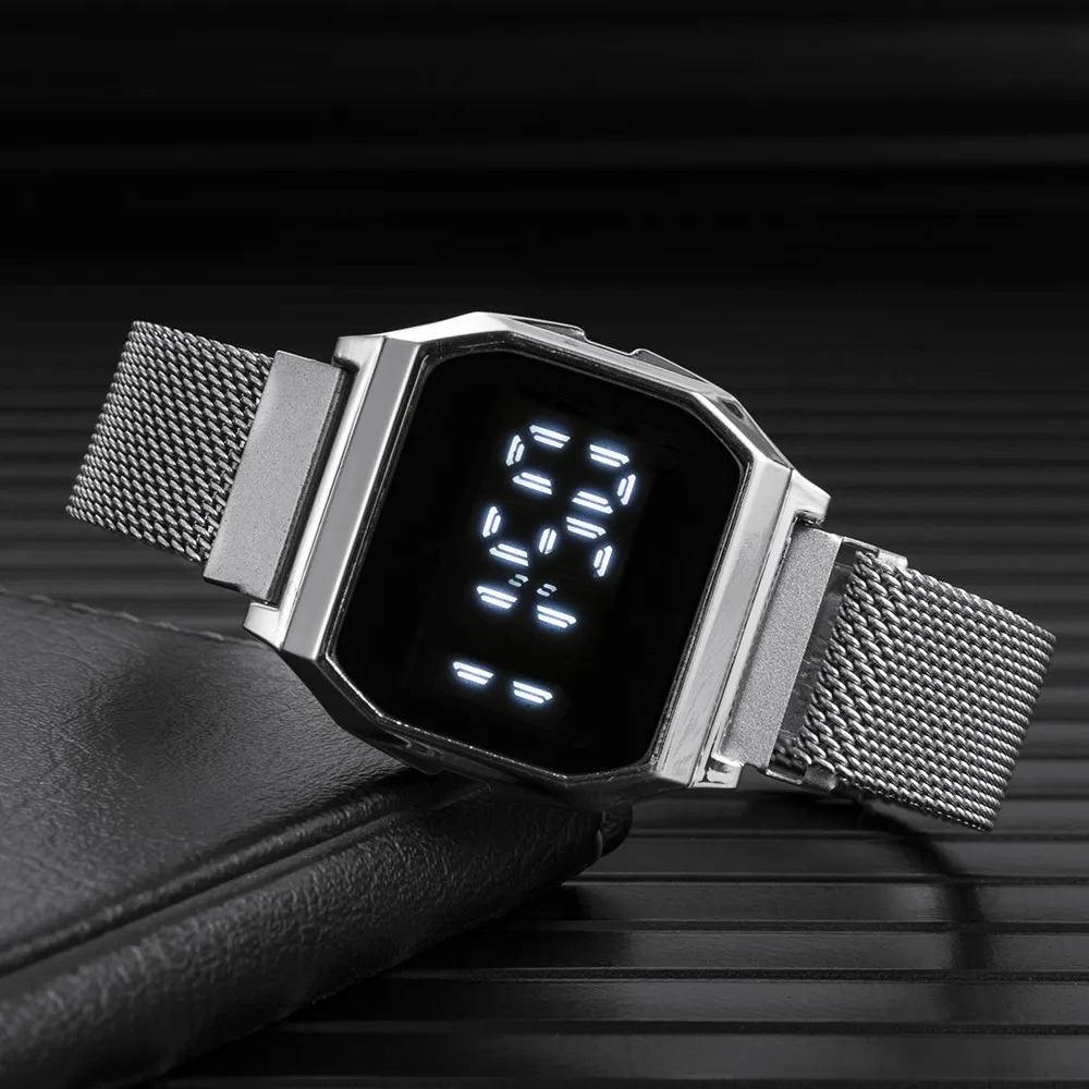 Luxury LED Digital Watches for Men Waterproof Metal Mesh Band Electronic Clock Fashion Gold Sliver Men Watch Gift Reloj Hombre