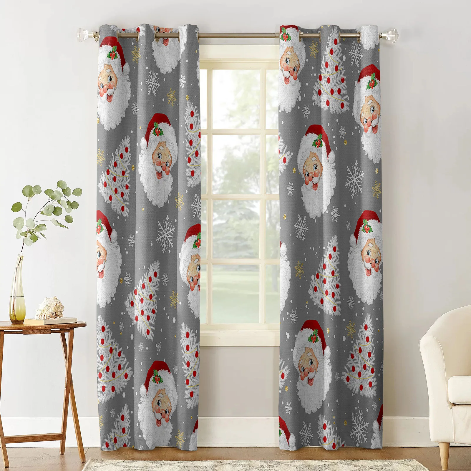 Winter Grey Santa Claus Window Curtains Lights Living Room Curtains Bathroom Bedroom Decor Kids Curtains