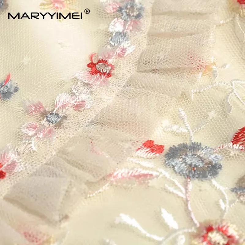 MARYYIMEI Vintage damska suknia balowa sukienka jesienna stójka rozszerzane rękawy siatkowy cekinowy haft projekt S-XXXXL długie sukienki