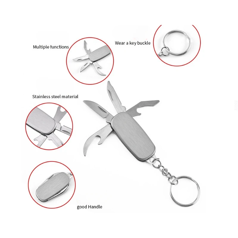1Pc 4-in-1 Stainless Steel Folding Multi Tool Portable Keychain Buckle Mini Tactical Gear For Camping Picnic Outdoor Activities