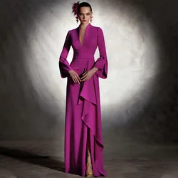 Elegant Evening Dress Long Sleeves Fuchsia V Neck Mother of the Bride  for Weddings Ruffle Slit Mermaid Formal Party