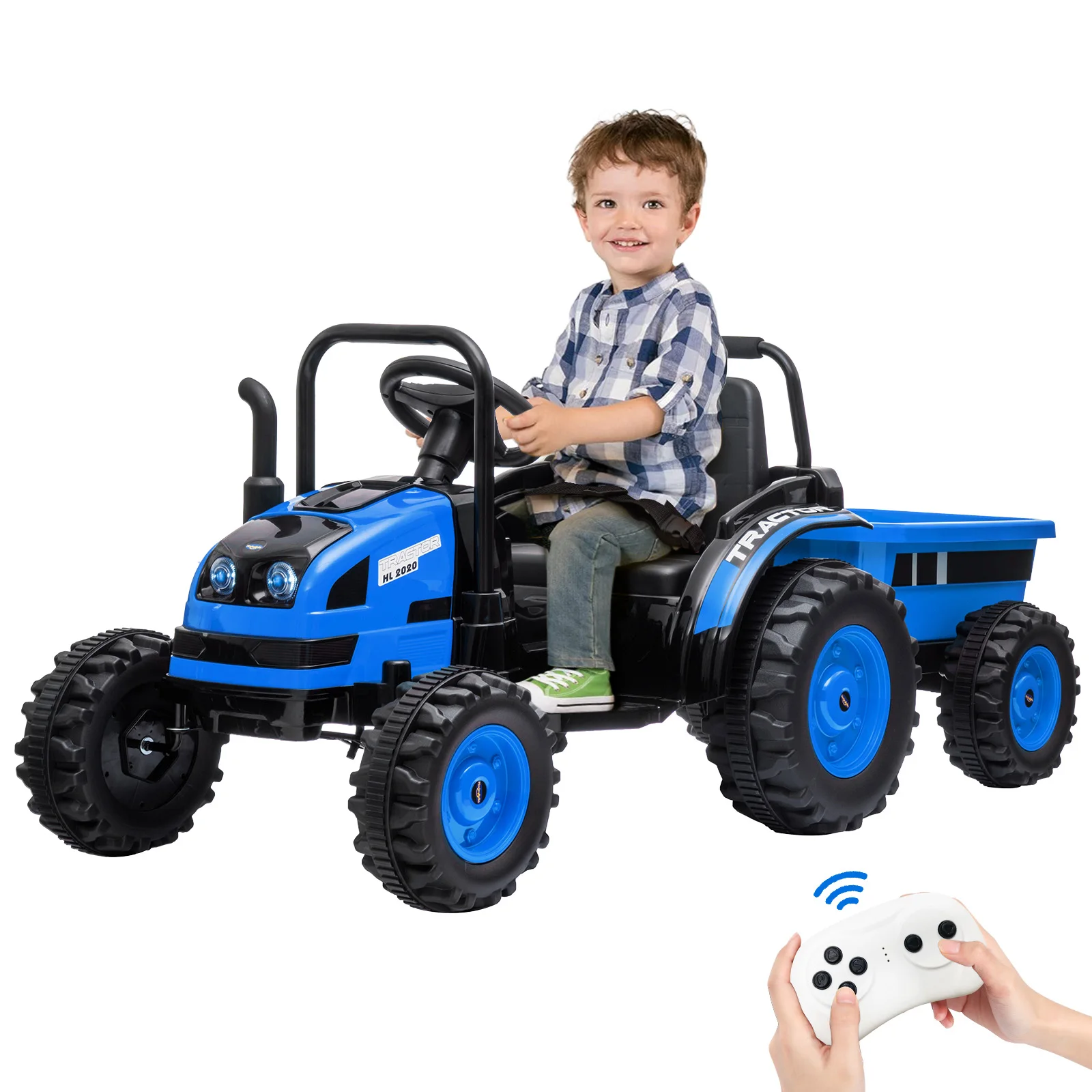 Tracteur électrique avec télécommande 35W, double moteur, voiture pour enfants, avec remorque détachable, musique, lumière LED, ceinture de sécurité