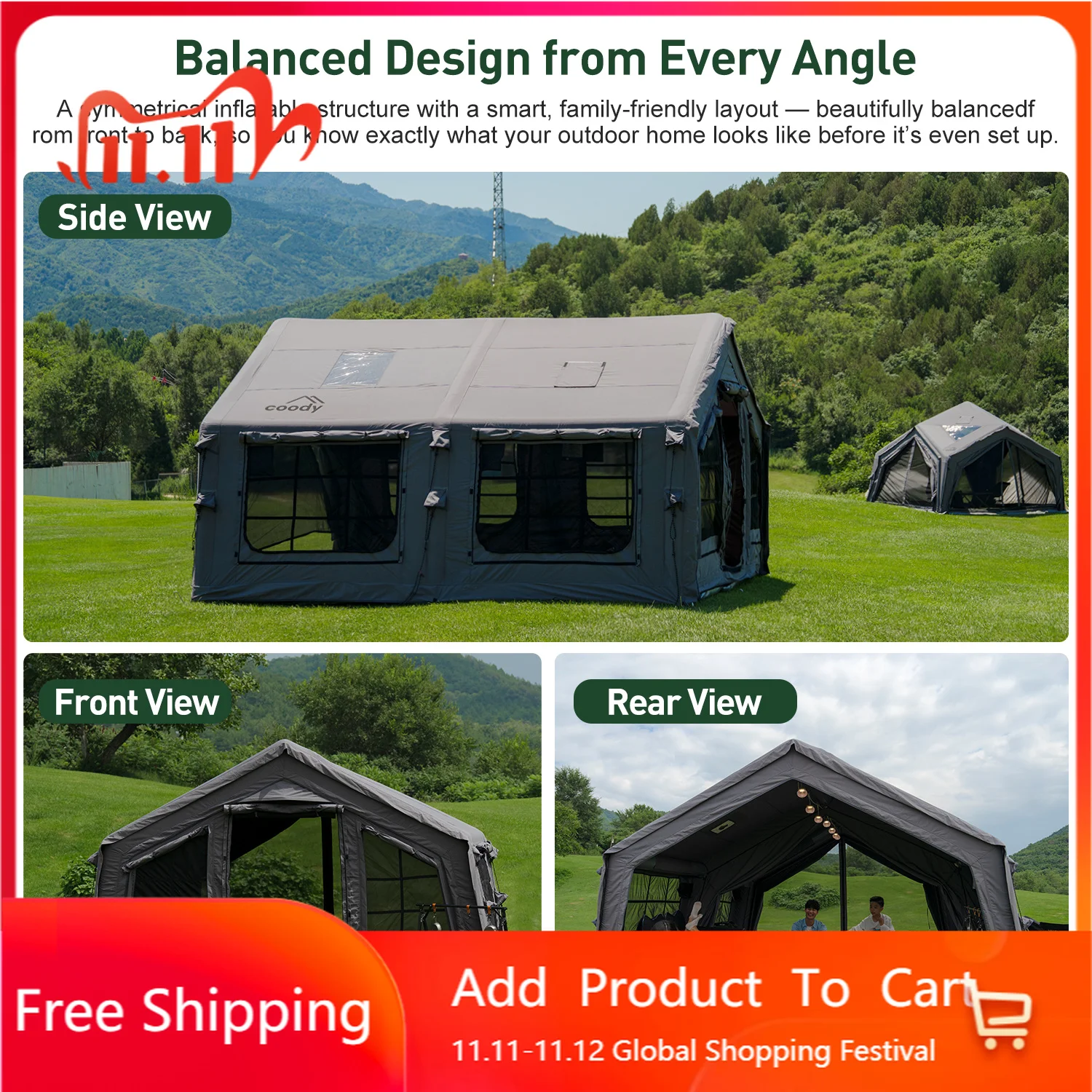 Coody Familia 17.2 Gray 4 Season Portable Air Tent Large Space Inflatable Camping Tent For 5-8 People Family