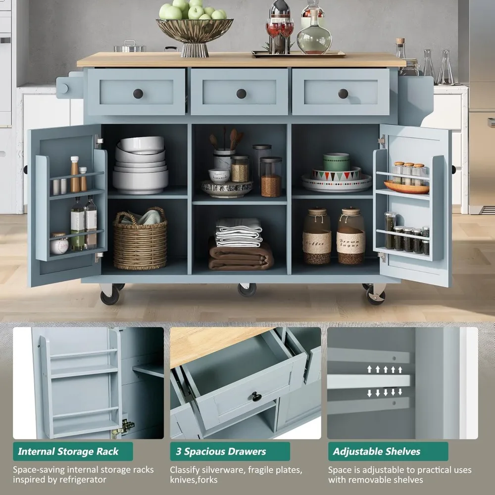 Kitchen Island on Wheels with Drop Leaf, Wood Kitchen Island Cart with Internal Storage Racks, Rolling Kitchen Islands