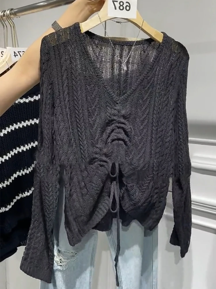 

Модный вязаный топ из корейской ткани с вырезами, свободный крой, весенний, с V-образным вырезом, длинный рукав, бархатный, комфортный