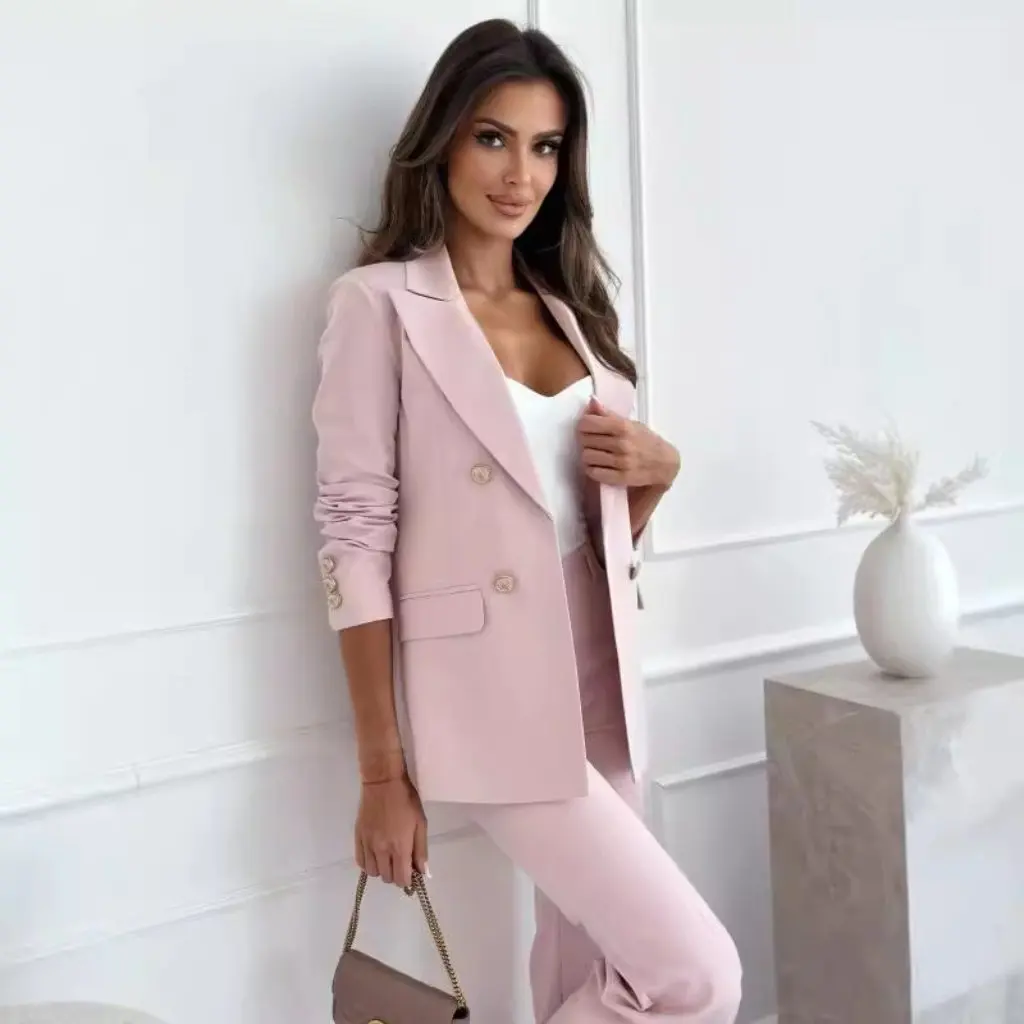 

Women's Double-Breasted Solid Color Fashion Small Suit Jacket Autumn Winter European American Style Clothing for Ladies