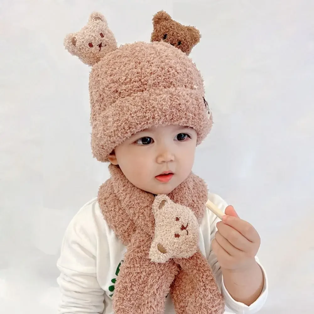 2Pcs Cartoon Bear Baby Winter Hat Scarf Set Children Warm Scarves Plush Knit Cap Thick Ear Protection Infant Beanie for Girl Boy