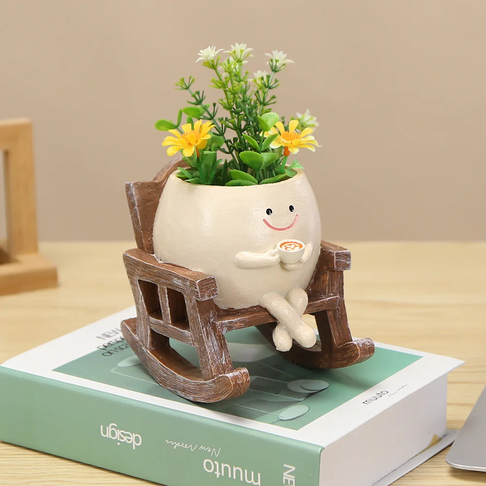 Mini Chair/Swing Smile Face Planter Resin Hanging Cute Head Planters Creative Rocking Succulent Pot Home Garden Flower Container