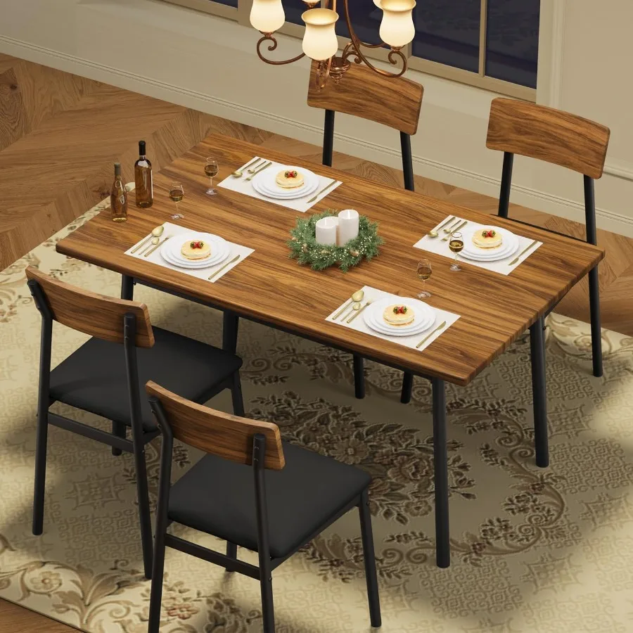 Wood Dining Set for 4, Kitchen Table with Soft Chairs, Smooth Edge